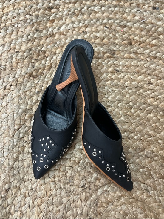 Azarayah Shoes - Black Pointed-Toe Slingback Heels with Silver Stud Accents